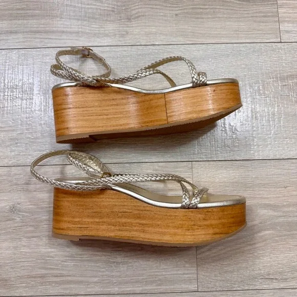 Stuart Weitzman Wovette Gold‎ Metallic Leather Woven Wedge Braided Sandal Heel 9